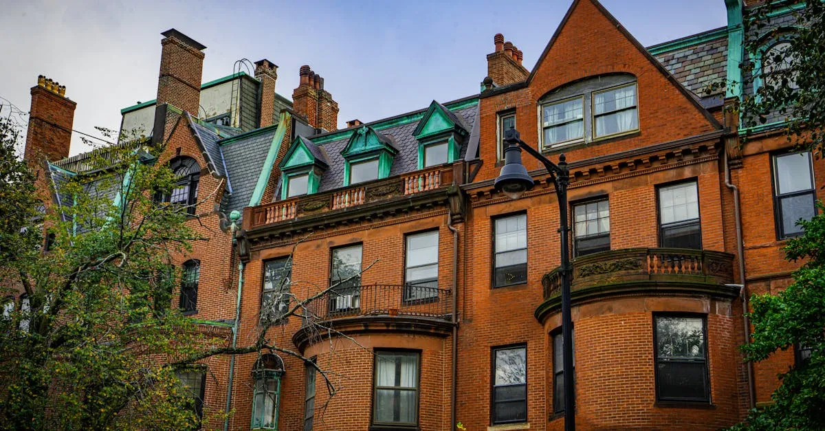 A detailed view of historic brick buildings with classic architectural elements in Boston, Massachusetts.